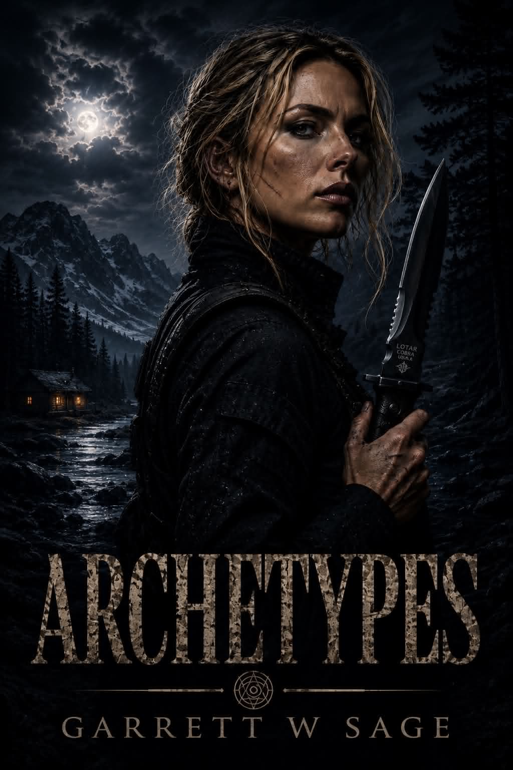 Archetypes by Garrett W. Sage - Book cover featuring a woman with a knife against a dark mountainous landscape